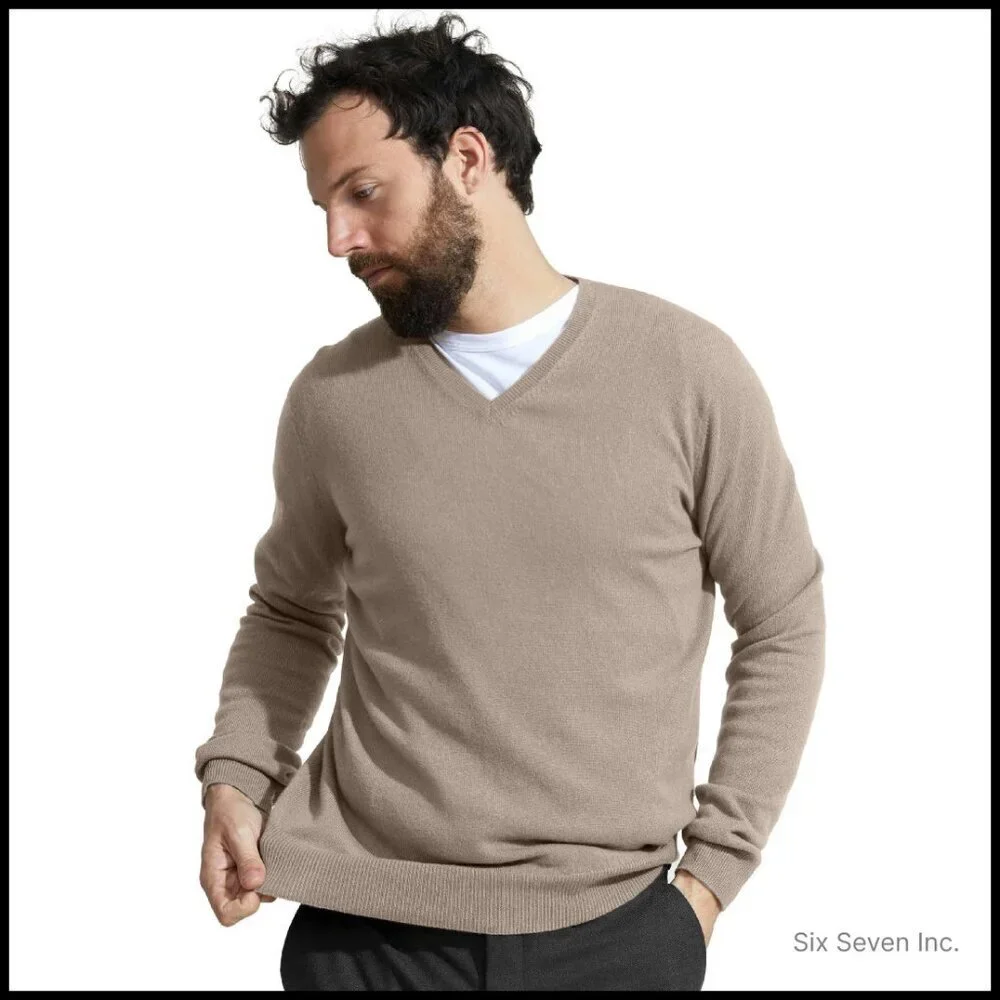 Men's Cashmere V-Neck Sweater Classic Long Sleeve Pullover Luxe Tailored Fit